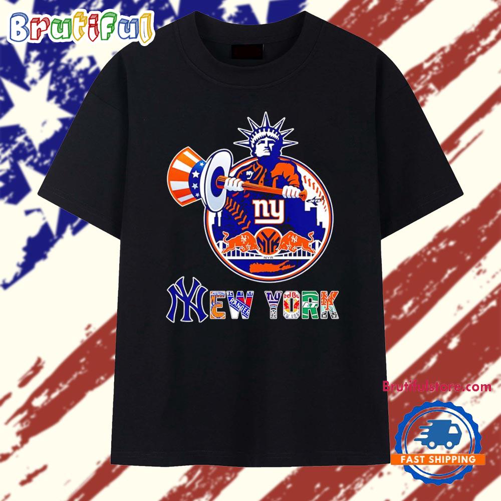 NY Yankees Mets Knicks Rangers Statue of Liberty logo T Shirt