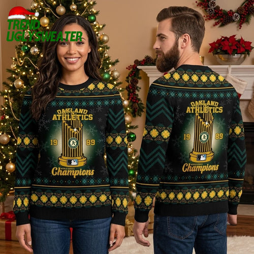 Oakland Athletics 1989 World Series Champions Trophy Ugly Christmas Sweater