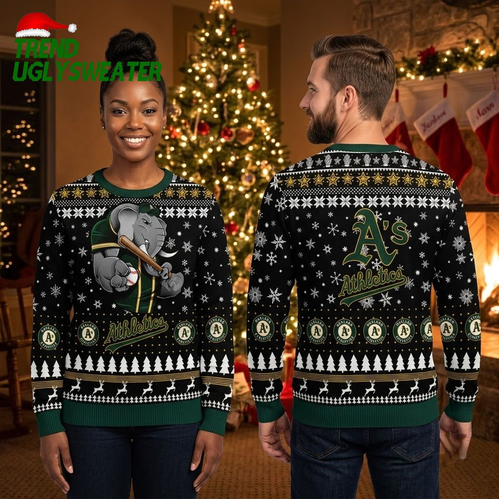 Oakland Athletics Elephant Mascot Baseball Bat Ugly Christmas Sweater