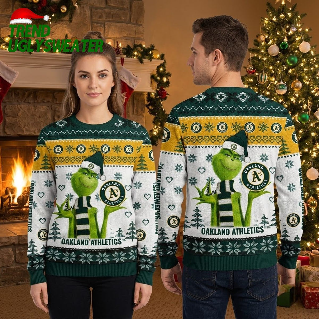 Oakland Athletics Grinch Santa Hat Snowflake Ugly Christmas Sweater