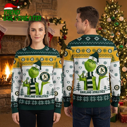 Oakland Athletics Grinch Santa Hat Snowflake Ugly Christmas Sweater