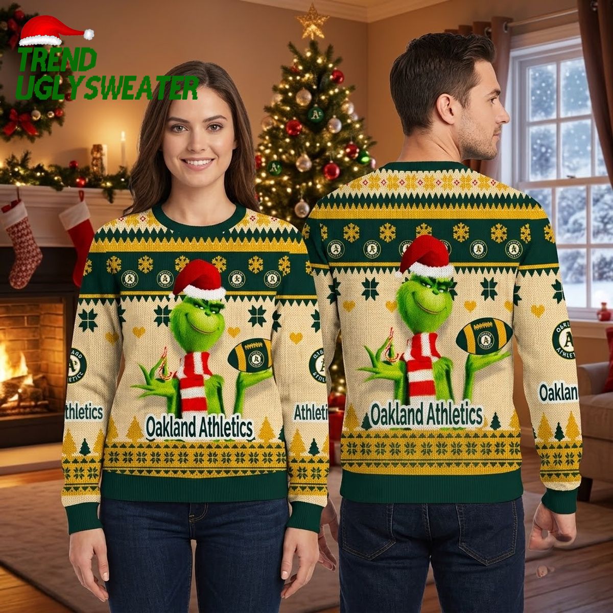 Oakland Athletics Grinch Wearing Santa Hat Ugly Christmas Sweater