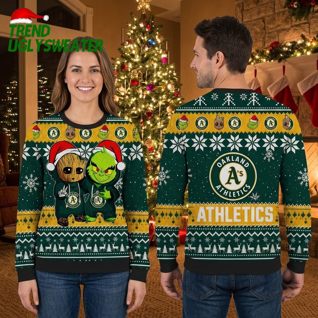 Oakland Athletics Groot And Grinch Santa Hat Ugly Christmas Sweater