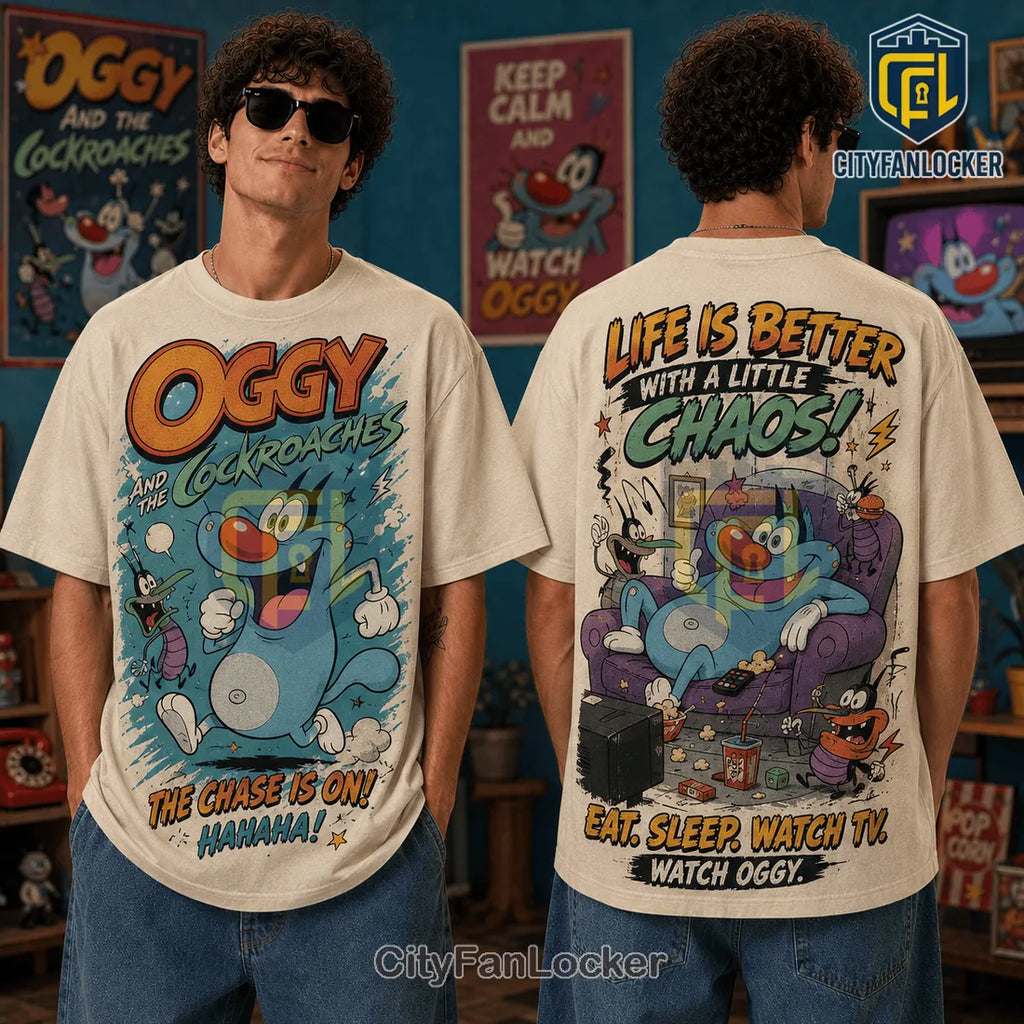 Oggy and the Cockroaches Beige Cartoon T-Shirt