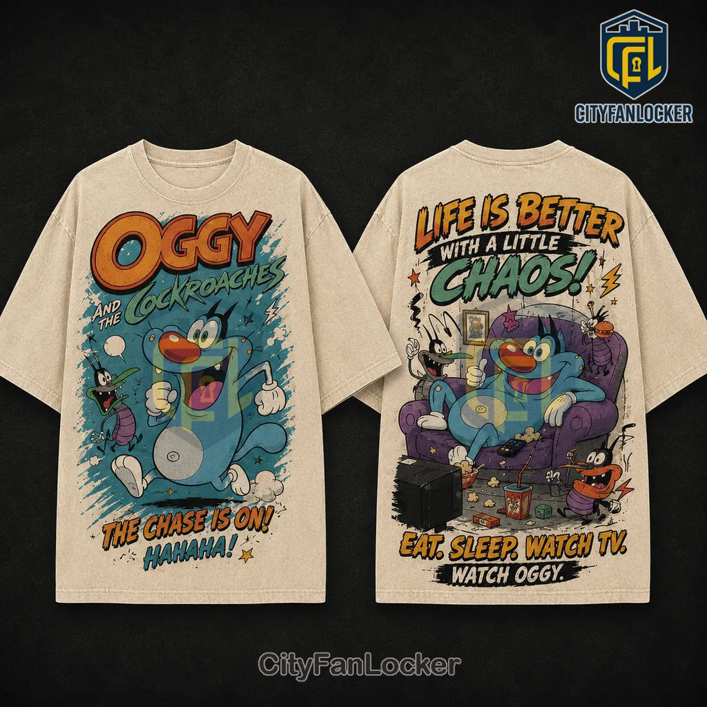 Oggy and the Cockroaches Beige Cartoon T-Shirt
