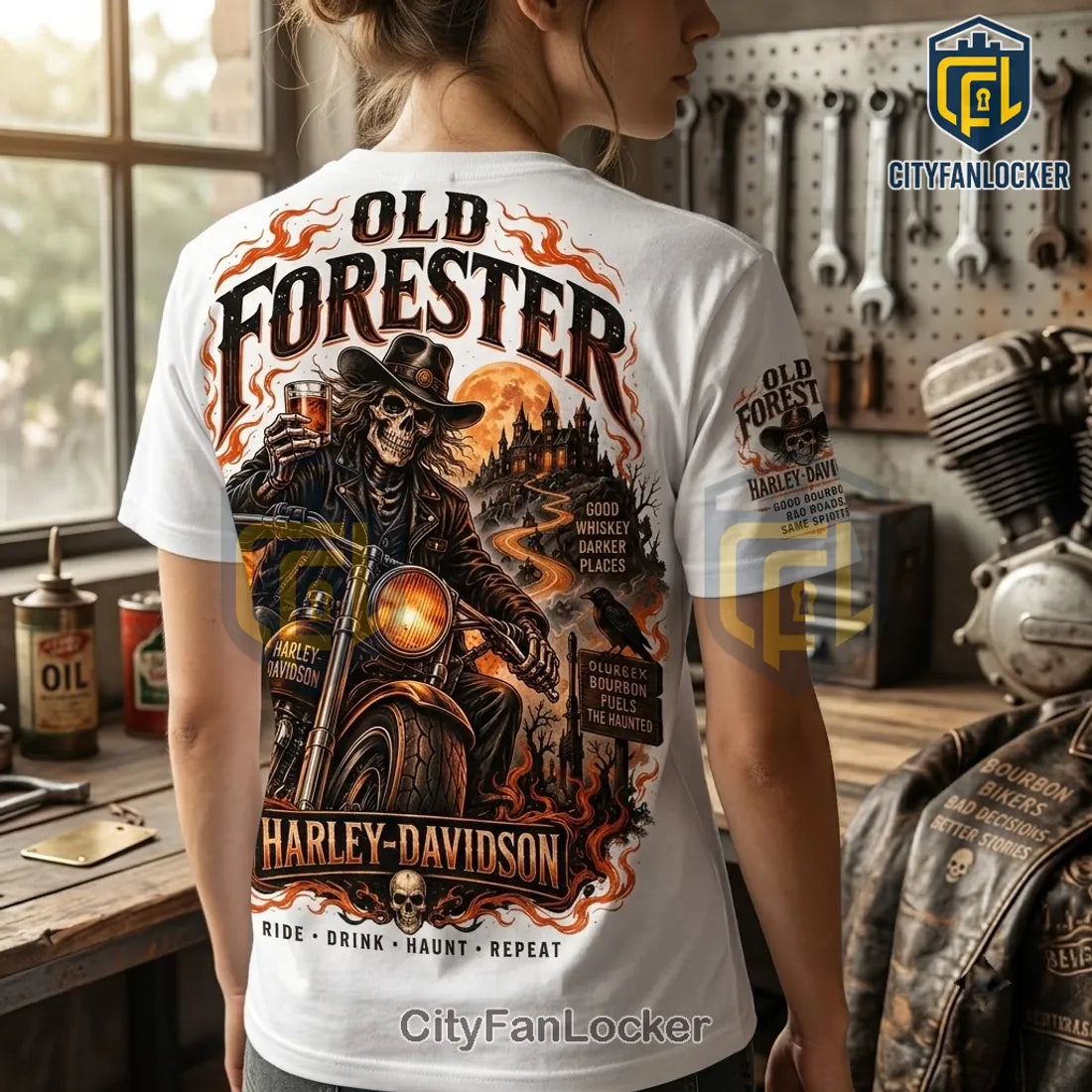 Old Forester Harley-Davidson Skeleton Rider White T-Shirt