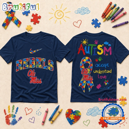 Ole Miss Rebels NCAA Autism Awareness Puzzle Ribbon T Shirt