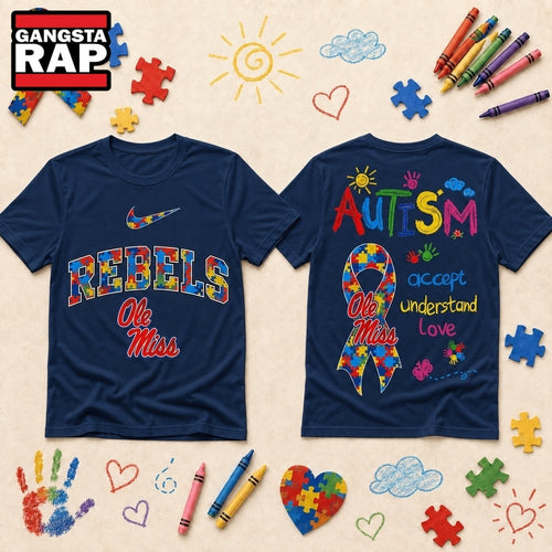 Ole Miss Rebels NCAA Autism Awareness Puzzle Ribbon Hoodie T-Shirt