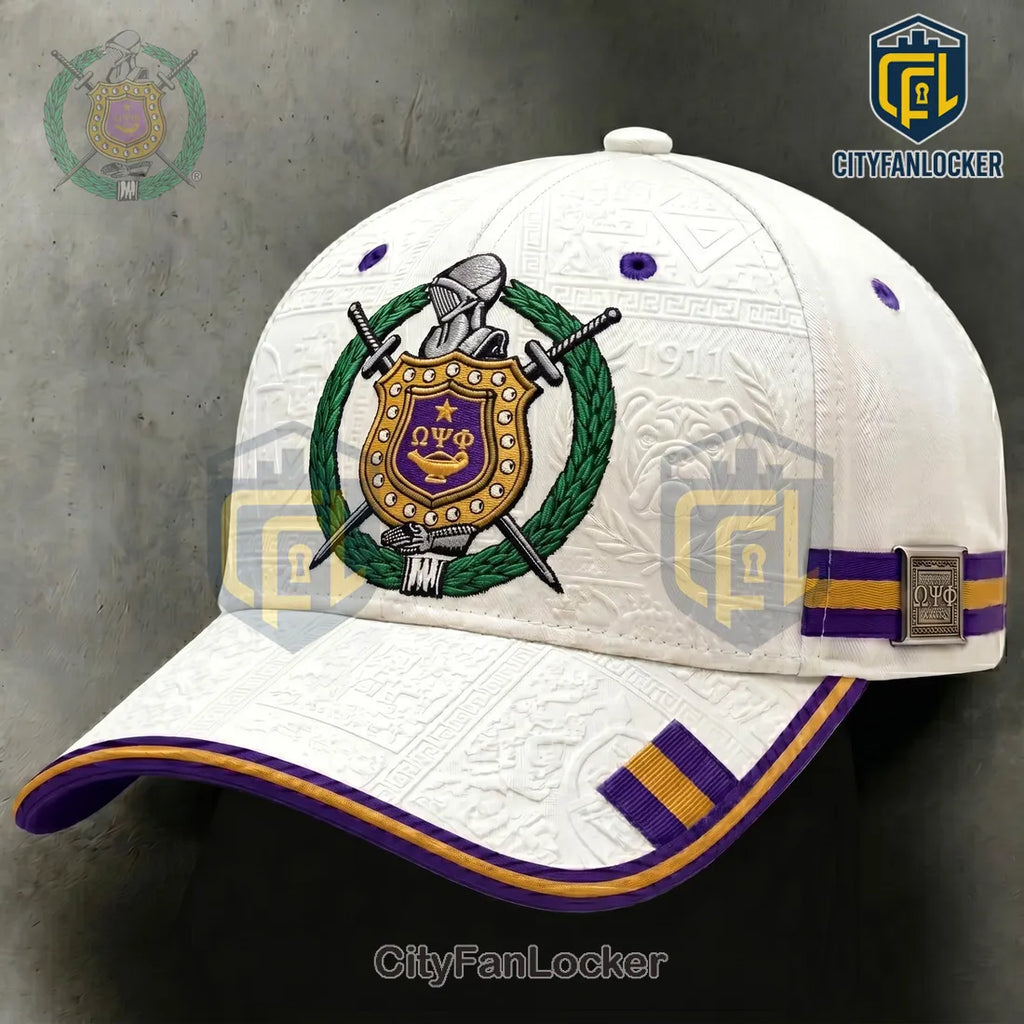 Omega Psi Phi 1911 Crest Purple and Gold White Baseball Cap