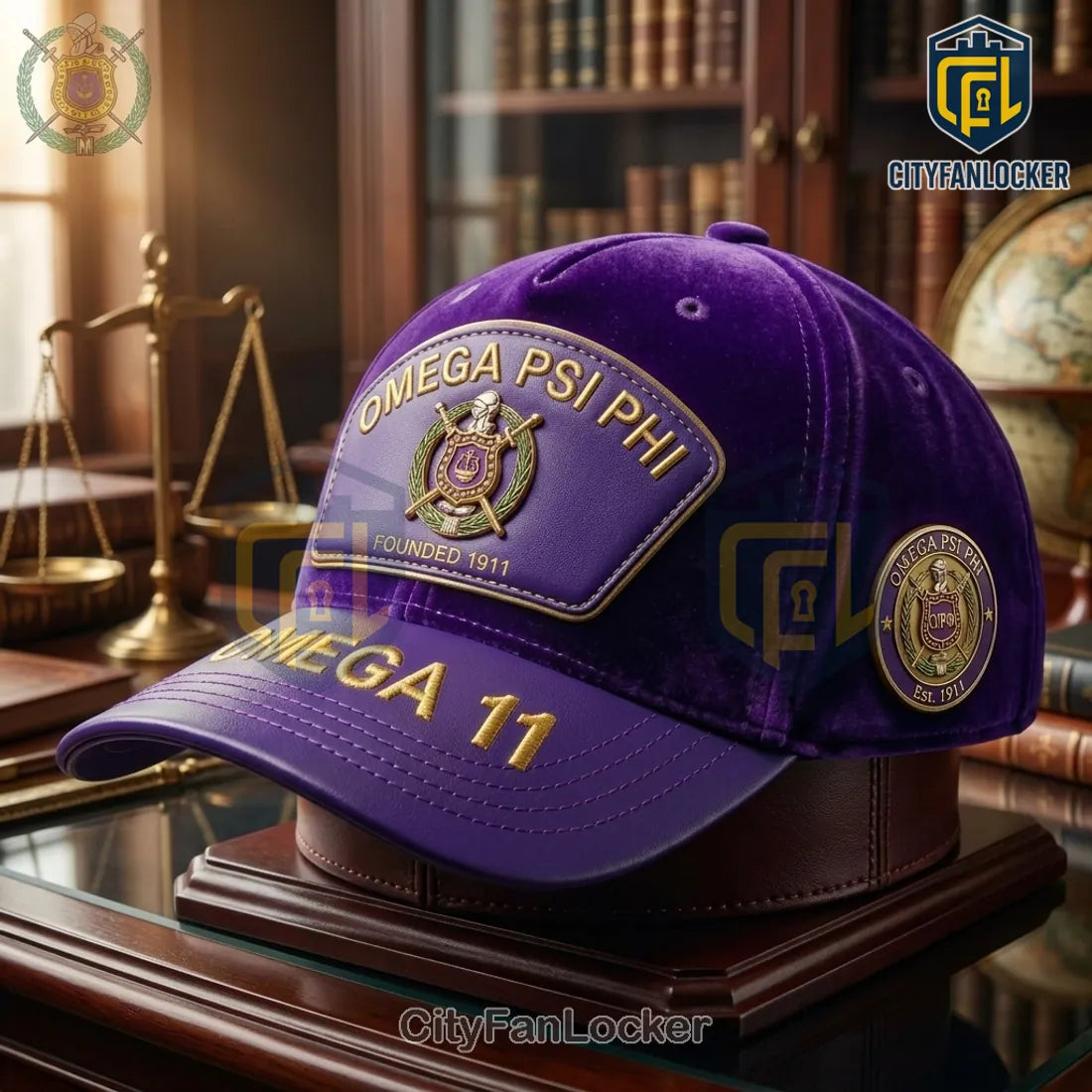 Omega Psi Phi Fraternity Purple Velvet Gold Crest Cap