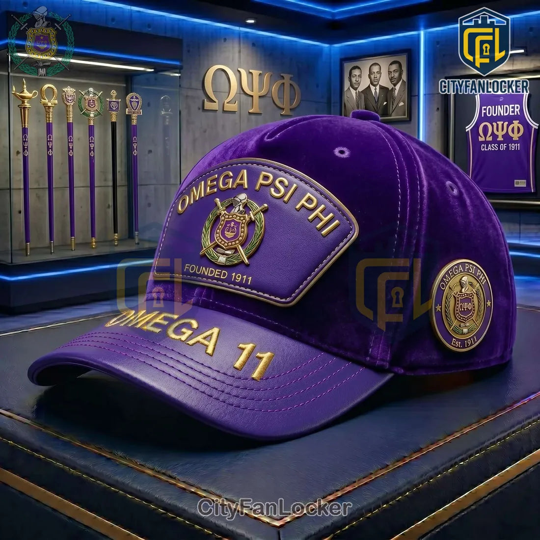 Omega Psi Phi Fraternity Purple Velvet Gold Crest Cap