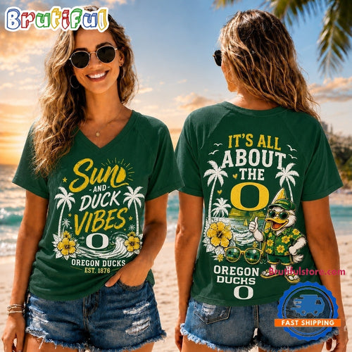 Oregon Ducks NCAA Sunset and Beach Vibes V neck T Shirt