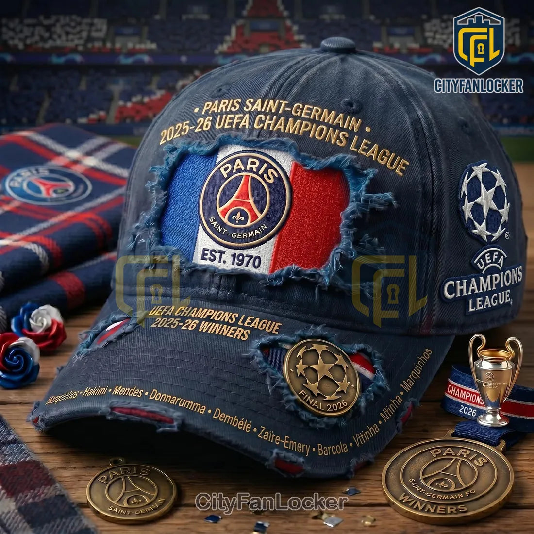 Paris Saint-Germain 2025-26 Champions League Distressed Baseball Cap