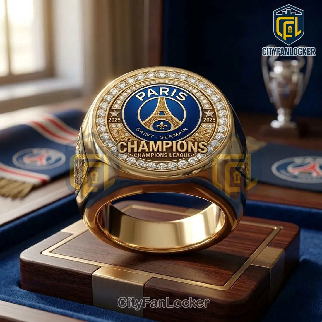 Paris Saint-Germain Champions 2025 2026 Engraved Gold Ring