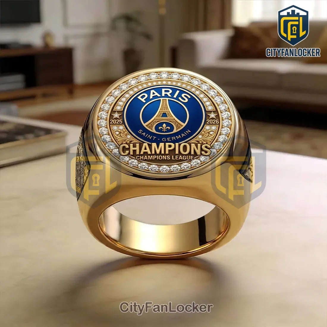 Paris Saint-Germain Champions 2025 2026 Engraved Gold Ring