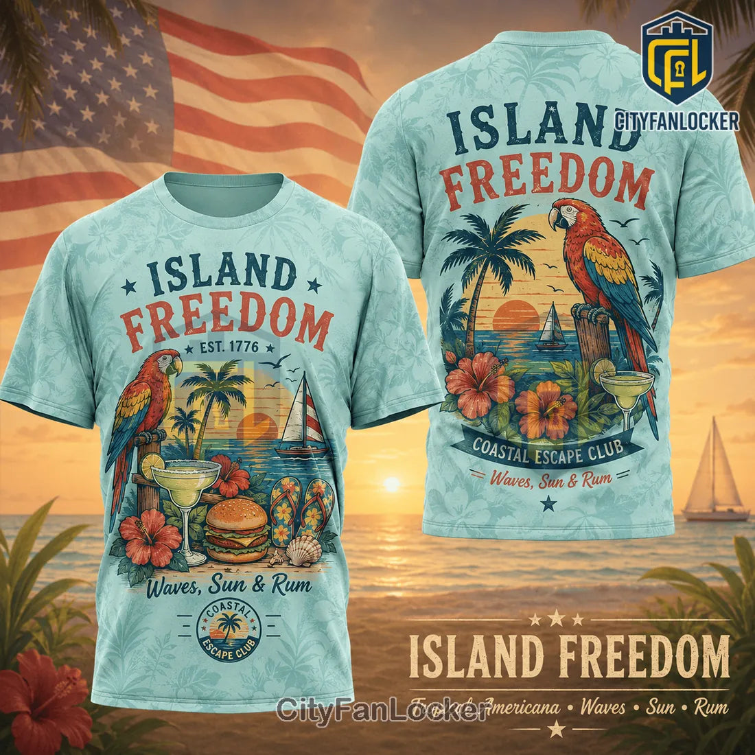 Patriotic Island Freedom Coastal Sunset Parrot 1776 Tropical T-Shirt
