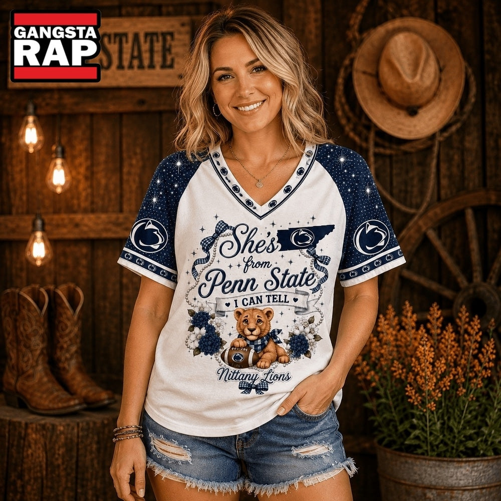 Penn State Nittany Lions NCAA Bow and Floral Team Spirit V Neck T Shirt
