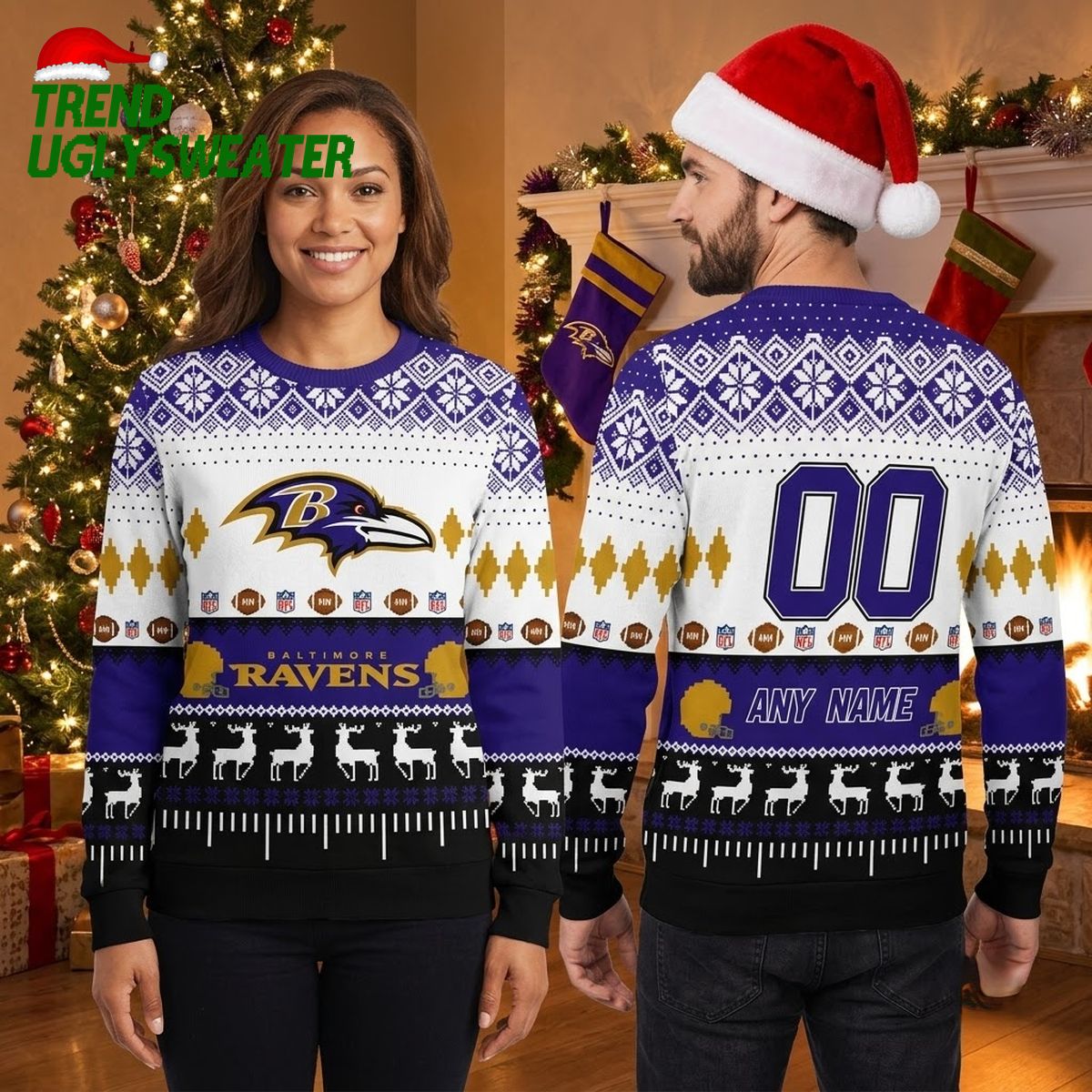 Personalized Baltimore Ravens Football Field Custom Name And Number Ravens Fan Gift Ugly Christmas Sweater