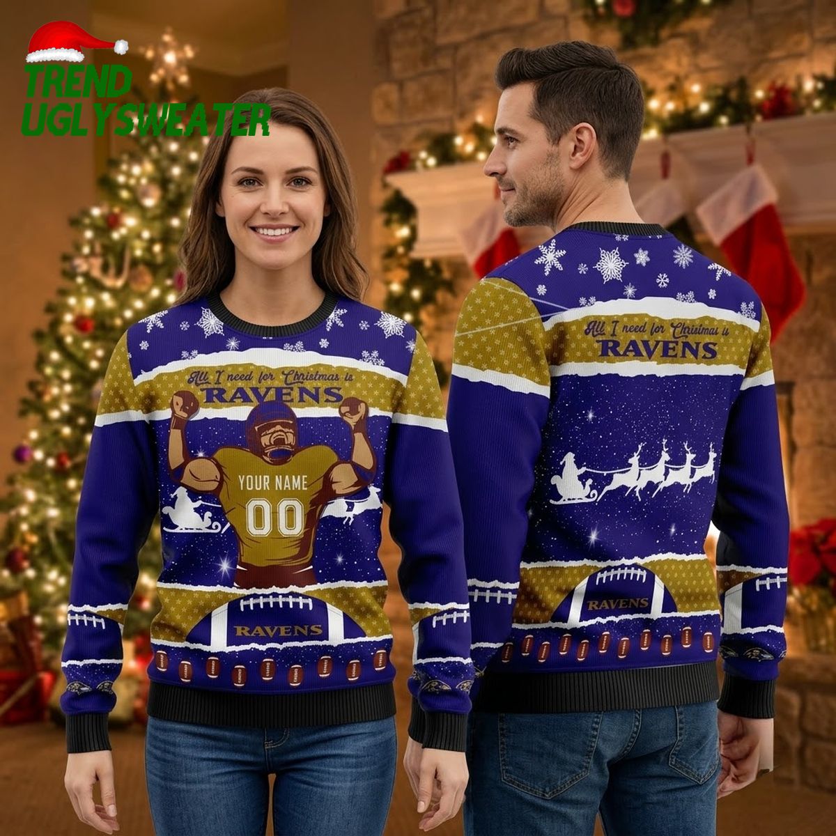 Personalized Baltimore Ravens Football Player Custom Name And Number Ugly Christmas Sweater