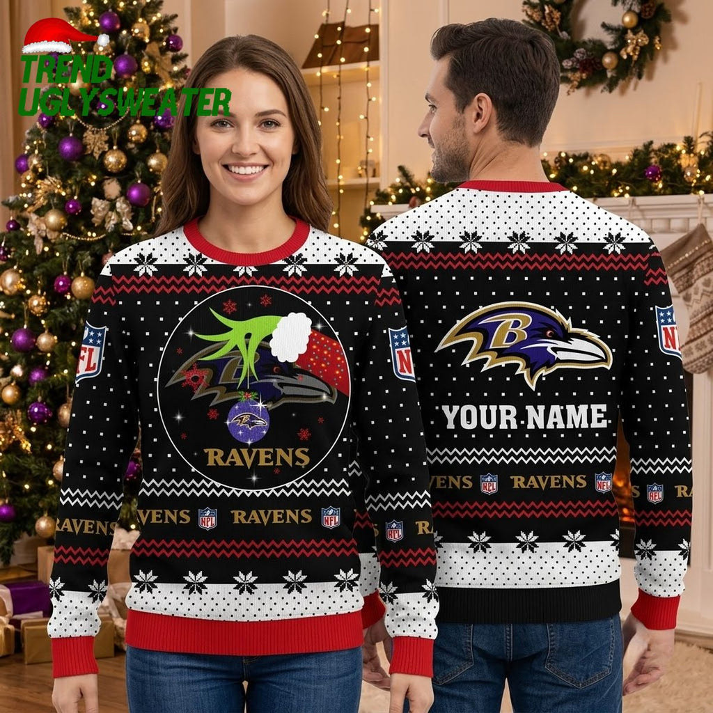 Personalized Baltimore Ravens Grinch Hands Custom Name Ugly Christmas Sweater