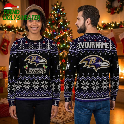 Personalized Baltimore Ravens Snowflake Logo Custom Name Ugly Christmas Sweater