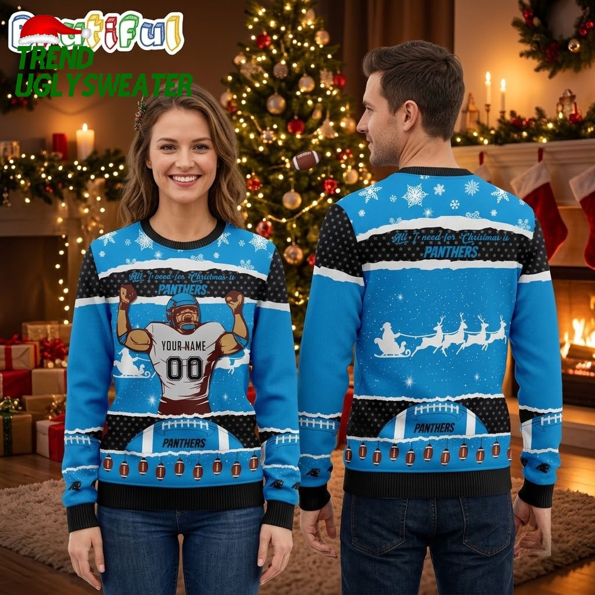 Personalized Carolina Panthers Football Player Custom Name And Number Ugly Christmas Sweater