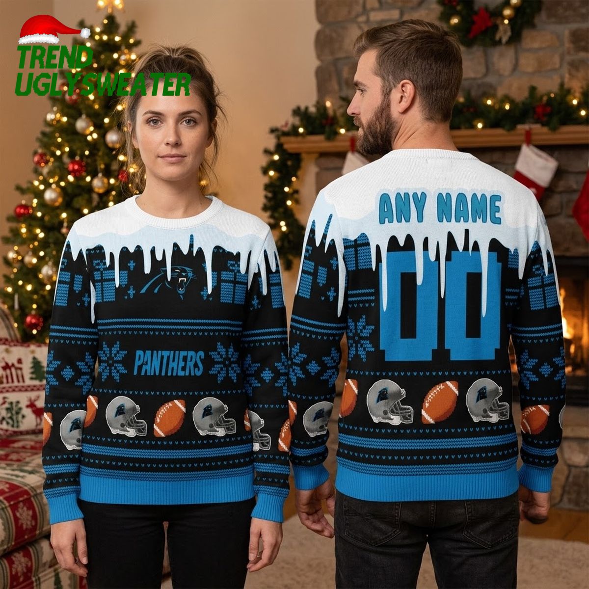 Personalized Carolina Panthers Icy Drip Custom Name And Number Ugly Christmas Sweater