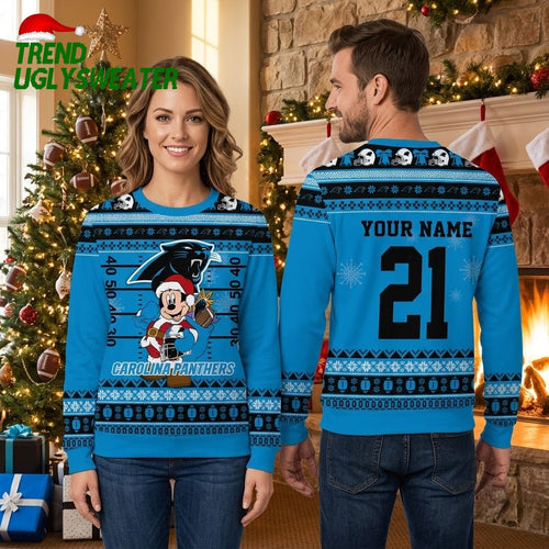 Personalized Carolina Panthers Mickey Santa Football Field Custom Name And Number Ugly Christmas Sweater