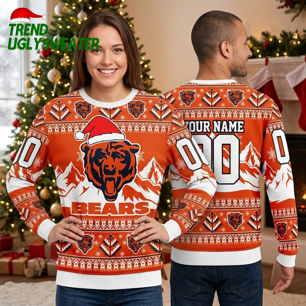 Personalized Chicago Bears Santa Hat Logo Custom Name And Number Ugly Christmas Sweater