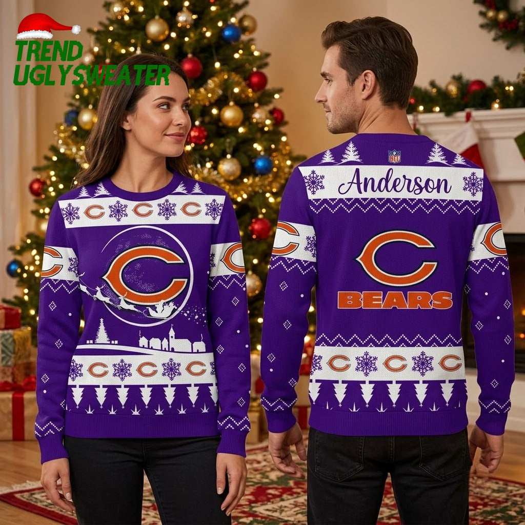 Personalized Chicago Bears Santa Sleigh Custom Name Ugly Christmas Sweater