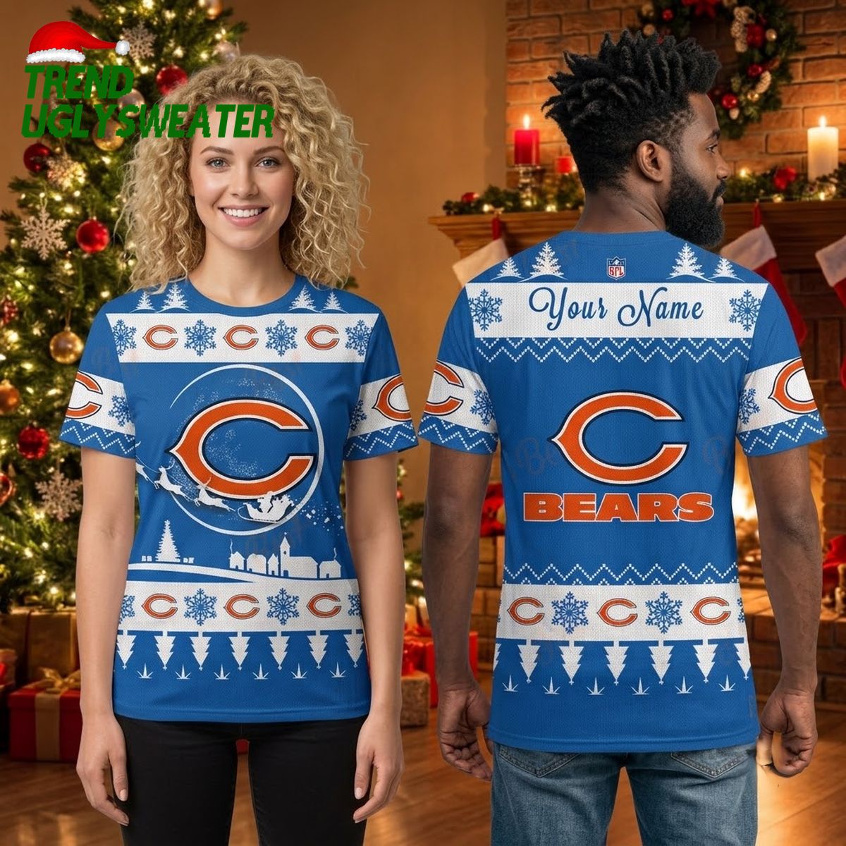 Personalized Chicago Bears Santa Sleigh Logo Custom Name Ugly Christmas Sweater