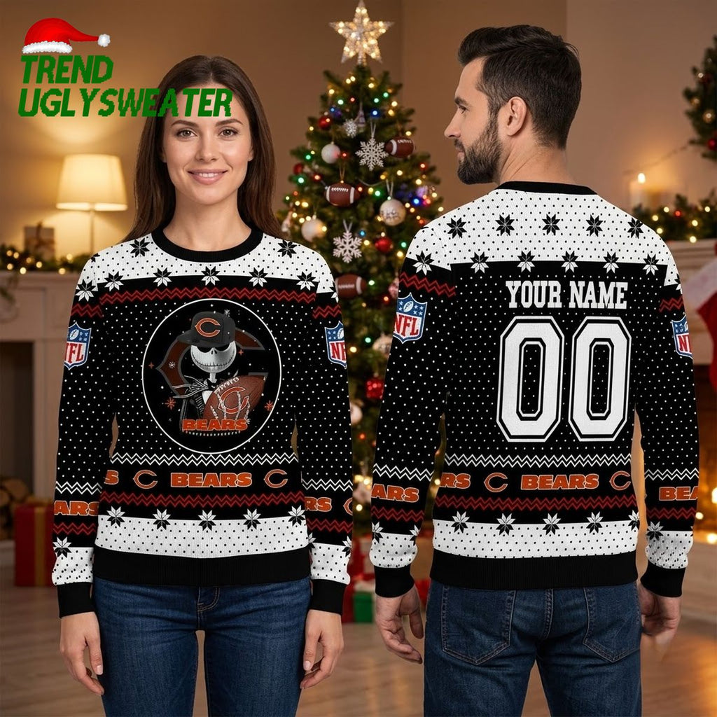 Personalized Chicago Bears Skull Football Player Custom Name And Number Ugly Christmas Sweater