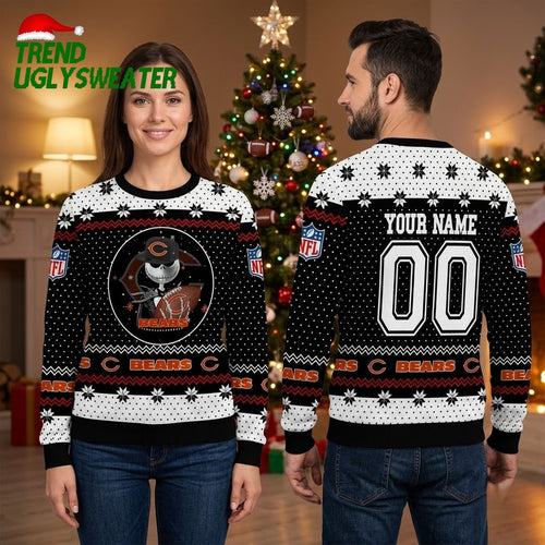 Personalized Chicago Bears Skull Football Player Custom Name And Number Ugly Christmas Sweater