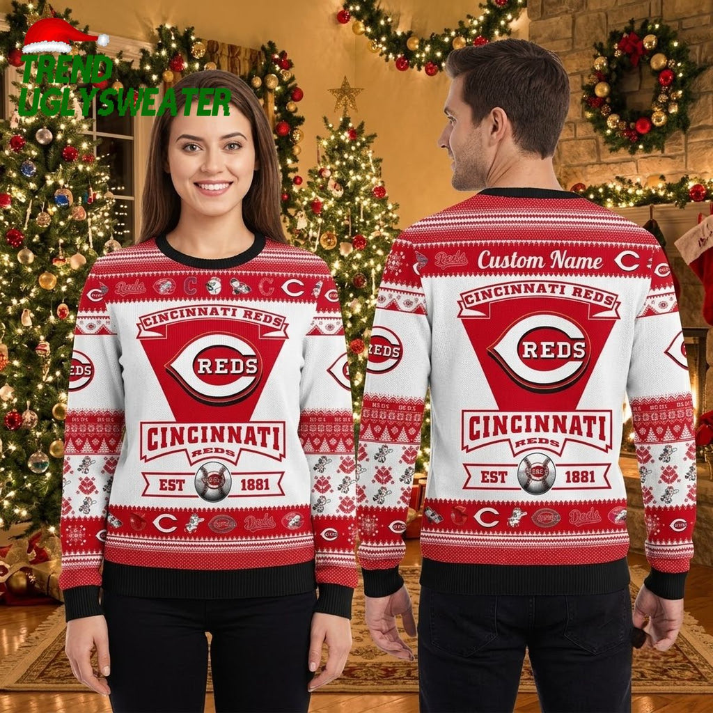Personalized Cincinnati Reds Logo Custom Name Ugly Christmas Sweater