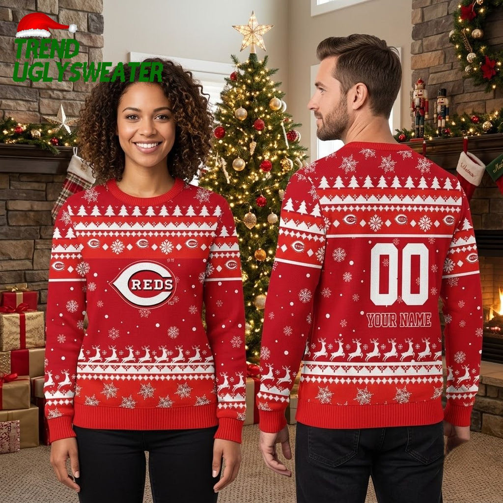 Personalized Cincinnati Reds Snowflake Pattern Custom Name And Number Ugly Christmas Sweater
