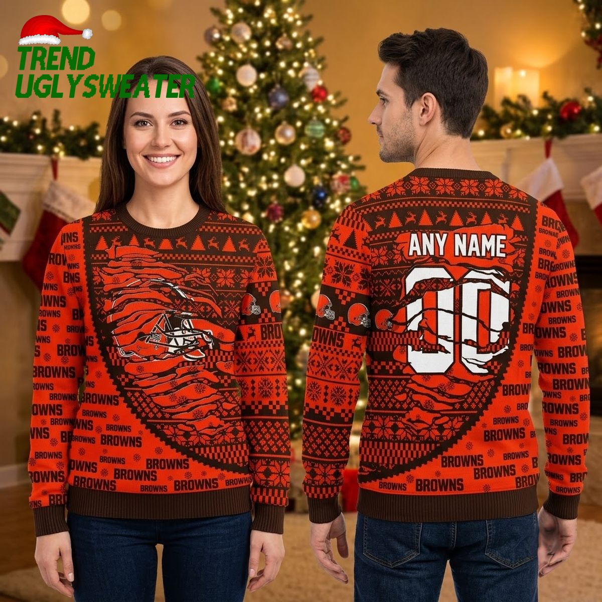 Personalized Cleveland Browns Football Helmet Custom Name And Number Browns Fan Gift Ugly Christmas Sweater