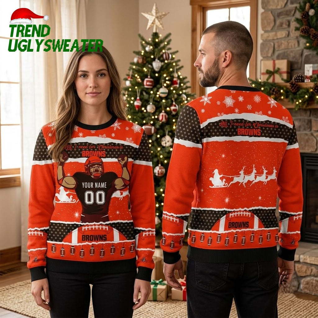 Personalized Cleveland Browns Football Player Custom Name And Number Ugly Christmas Sweater
