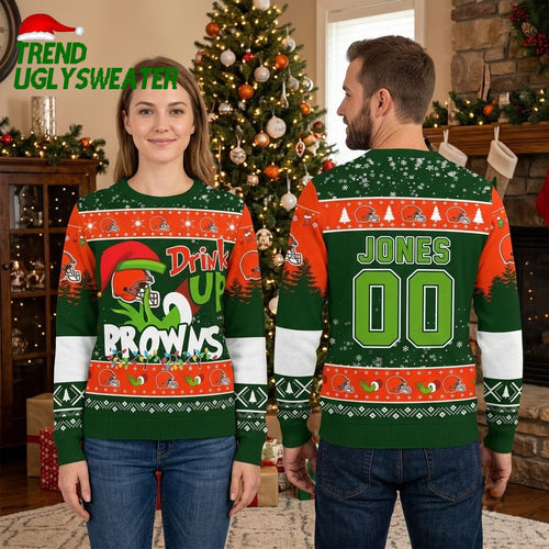 Personalized Cleveland Browns Grinch Drink Up Custom Name And Number Ugly Christmas Sweater