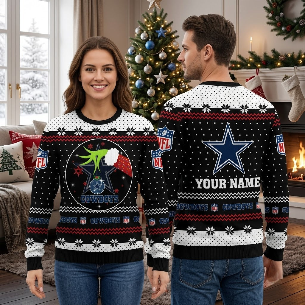 Personalized Dallas Cowboys Grinch Santa Hat Star Custom Name Ugly Christmas Sweater
