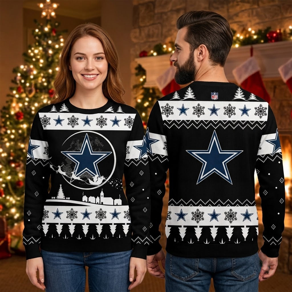 Personalized Dallas Cowboys Santa Sleigh Custom Name Ugly Christmas Sweater Gift For Fans
