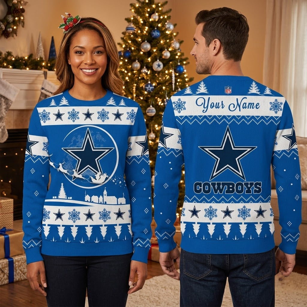 Personalized Dallas Cowboys Santa Sleigh Custom Name Ugly Christmas Sweater