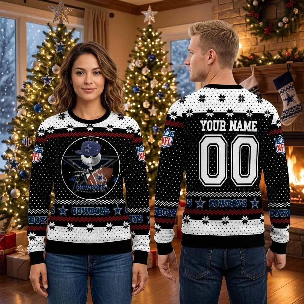 Personalized Dallas Cowboys Skeleton Football Mascot Custom Name And Number Ugly Christmas Sweater