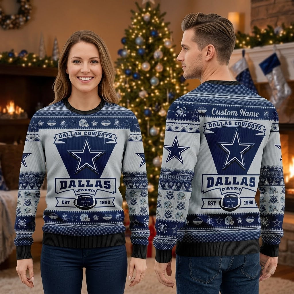 Personalized Dallas Cowboys Star Custom Name Ugly Christmas Sweater Game Day Gift