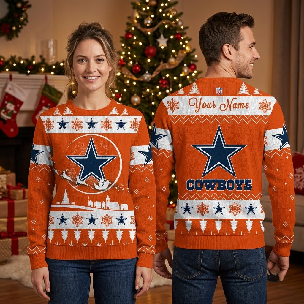 Personalized Dallas Cowboys Star Santa Sleigh Custom Name Ugly Christmas Sweater Game Day Gift