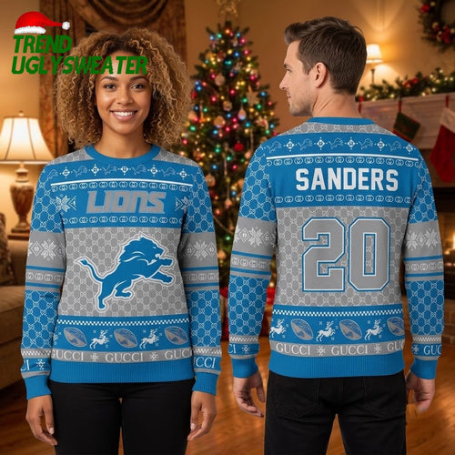 Personalized Detroit Lions Blue Lion Custom Name And Number Ugly Christmas Sweater