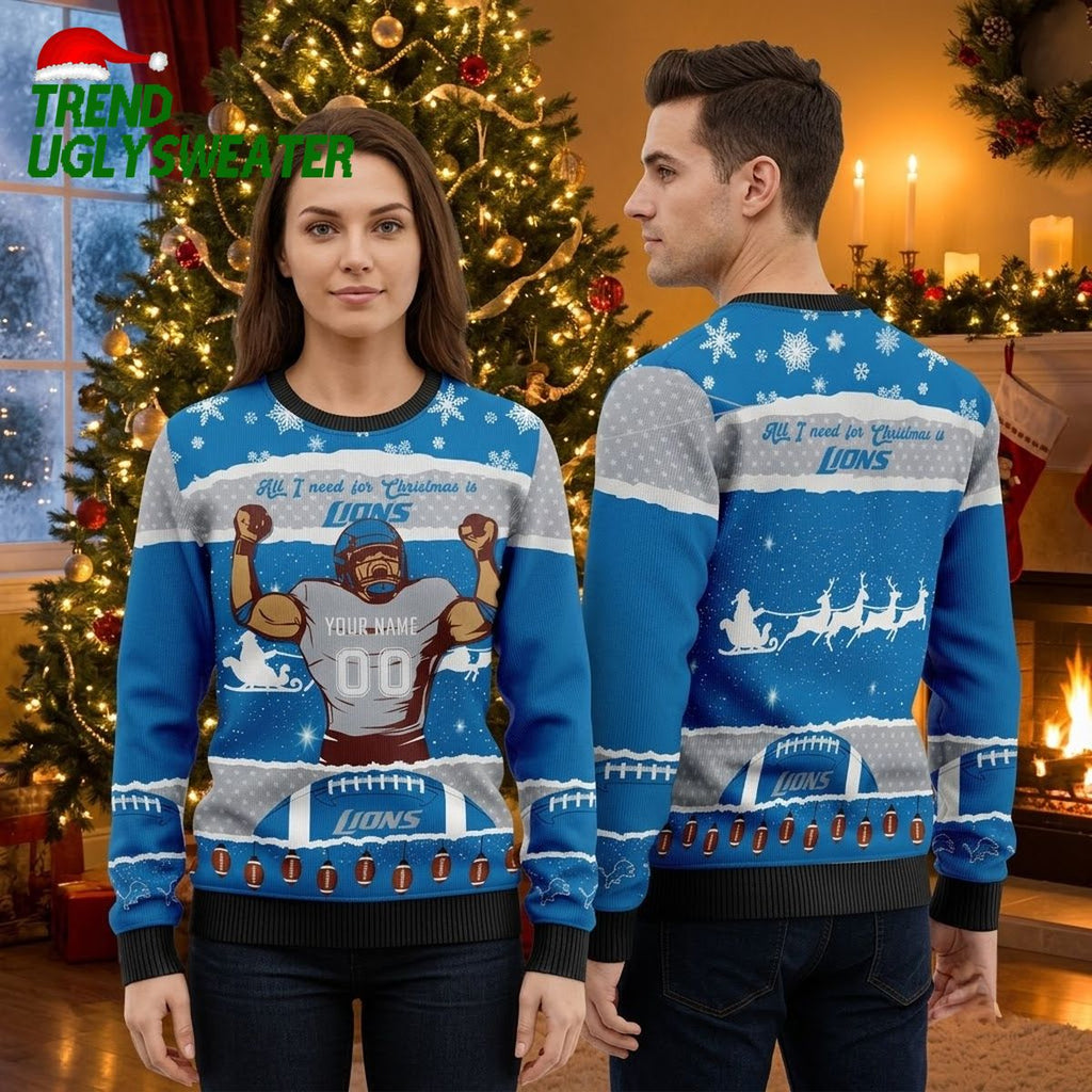 Personalized Detroit Lions Football Player Custom Name And Number Ugly Christmas Sweater