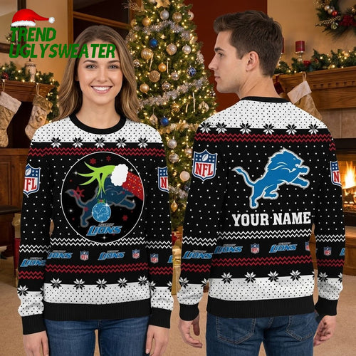 Personalized Detroit Lions Grinch Hands Custom Name Ugly Christmas Sweater