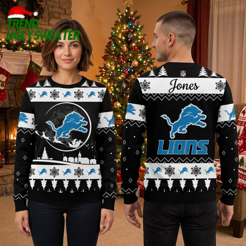 Personalized Detroit Lions Leaping Lion Custom Name Ugly Christmas Sweater Game Day Gift Design