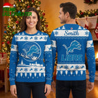 Personalized Detroit Lions Leaping Lion Custom Name Ugly Christmas Sweater