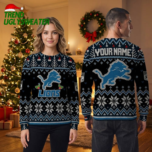 Personalized Detroit Lions Logo Custom Name Ugly Christmas Sweater